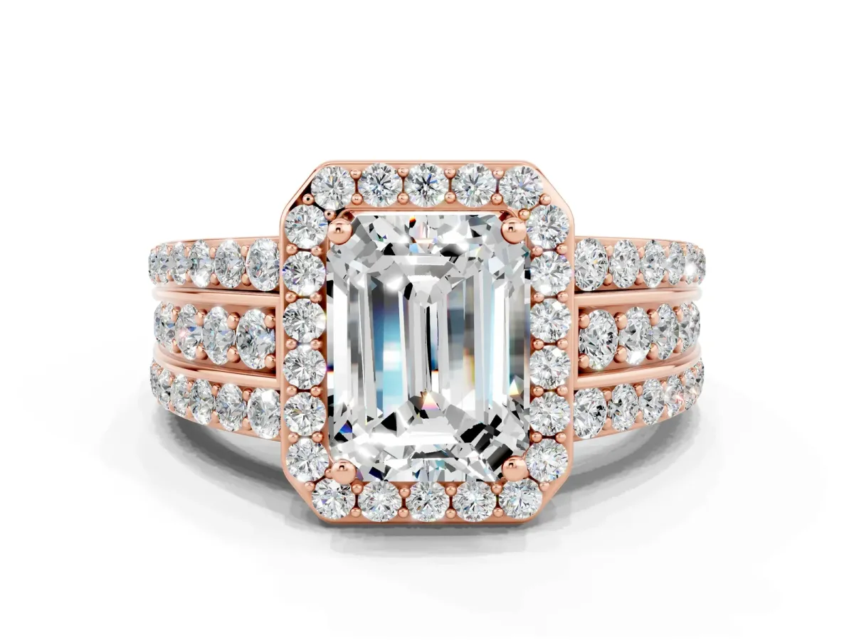 Emerald Cut Halo Moissanite Ring with Round Split Shank and Prong Setting Rose gold