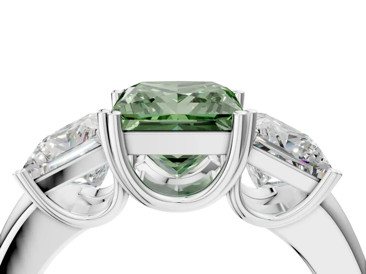 Fancy Green Three-Stone Princess Cut Cut Diamond Ring with Channel Set Band and Four-Prong Setting Silver