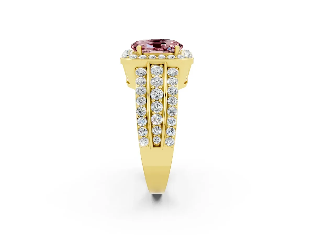 Oval Cut Halo Morganite Ring with Round Split Shank and Prong Setting Yellow gold