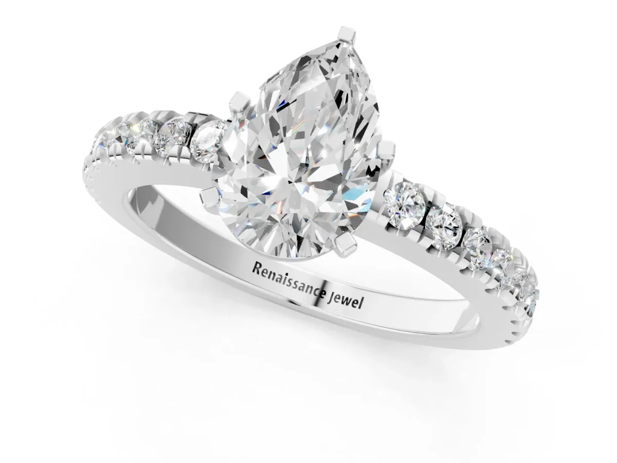 Pear Cut Solitaire Diamond with Pavé Band and Four-Prong Setting Silver