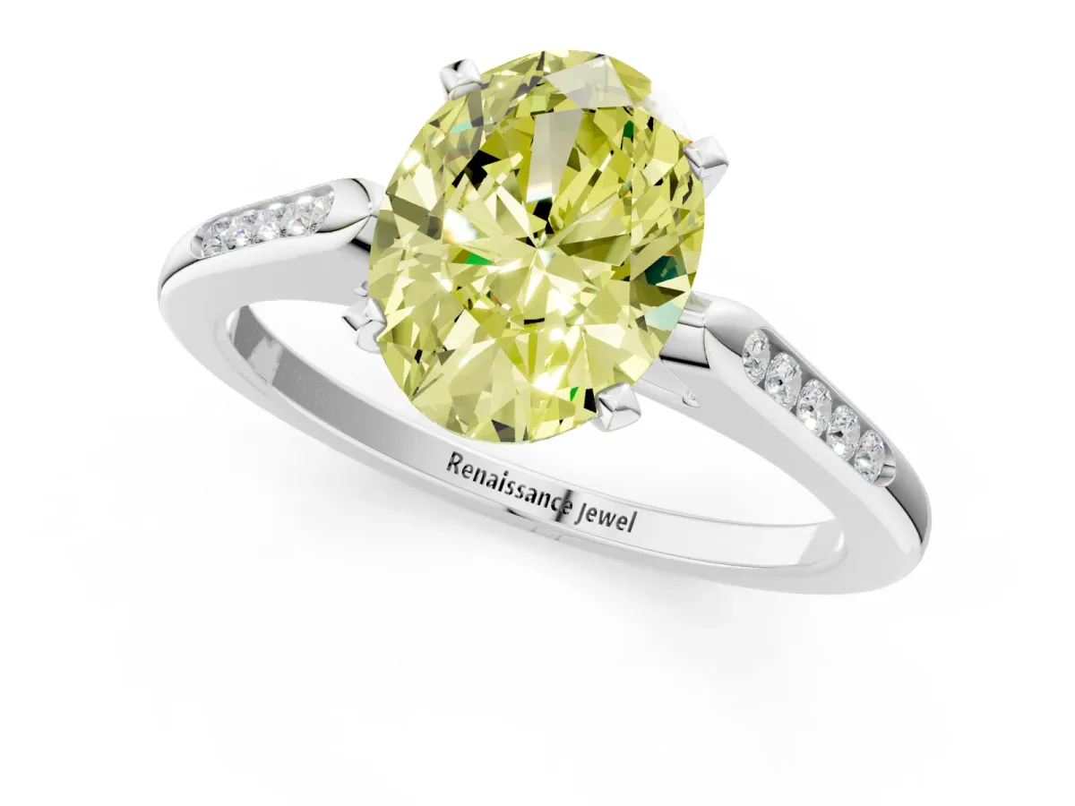 Fancy Yellow Oval Cut Diamond Solitaire Ring with Channel Set Round Band and Prong Setting Silver