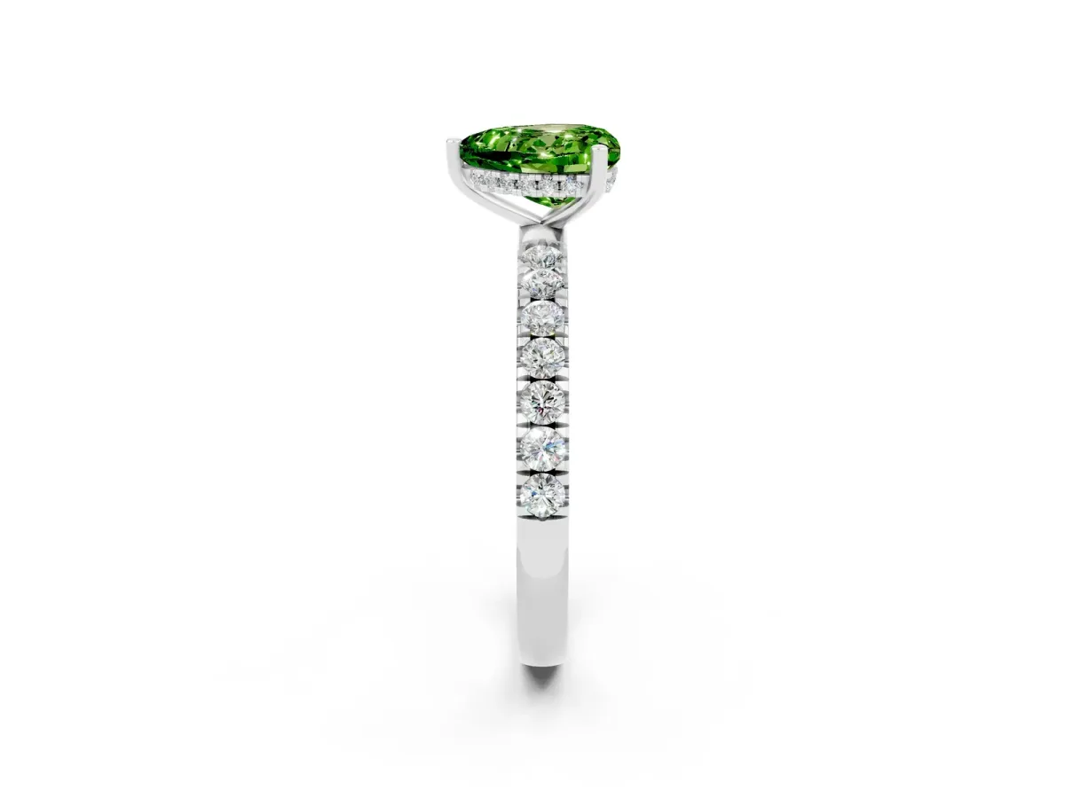 Heart Cut Peridot Pave Band Solitaire Ring with Round and Prong Setting Platinum
