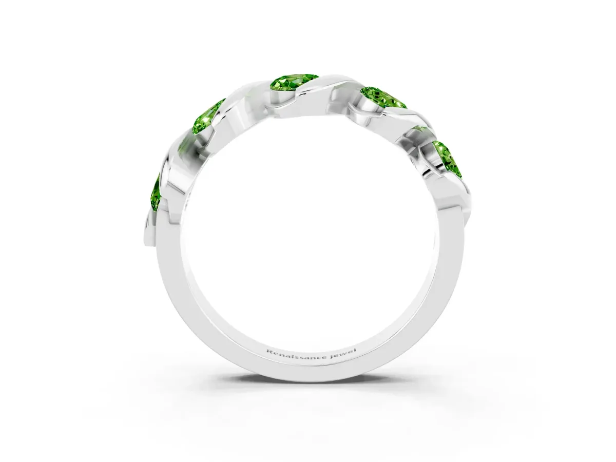 Round Peridot Wave Band with Channel Setting and Shared Prongs White gold