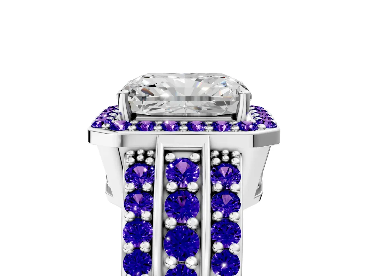 Radiant Cut Halo Diamond Ring with Round Tanzanite Split Shank and Prong Setting Silver