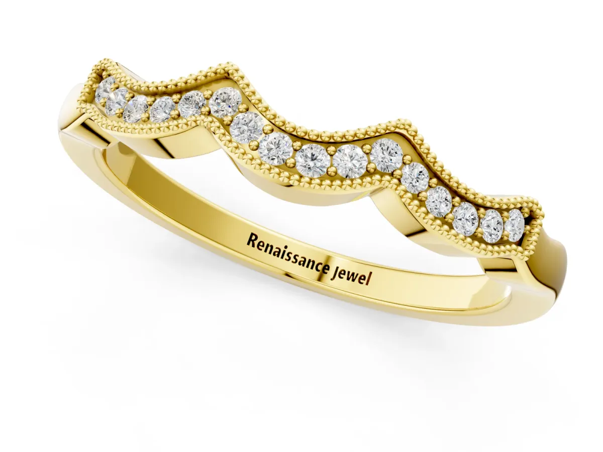 Milgrain Pavé Round Diamond Curved Band Yellow gold