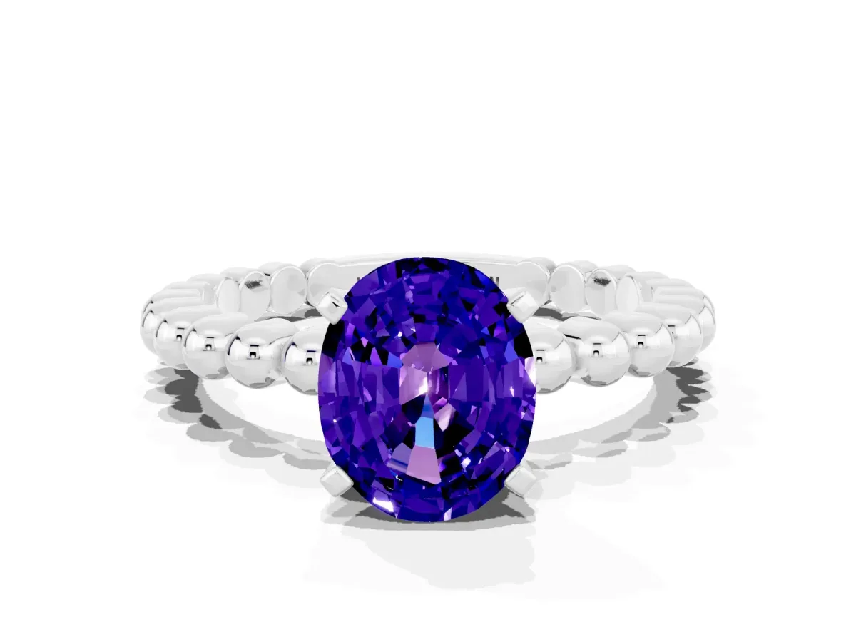 Oval Cut Tanzanite Solitaire Ring with Beaded Band and Prong Setting Platinum