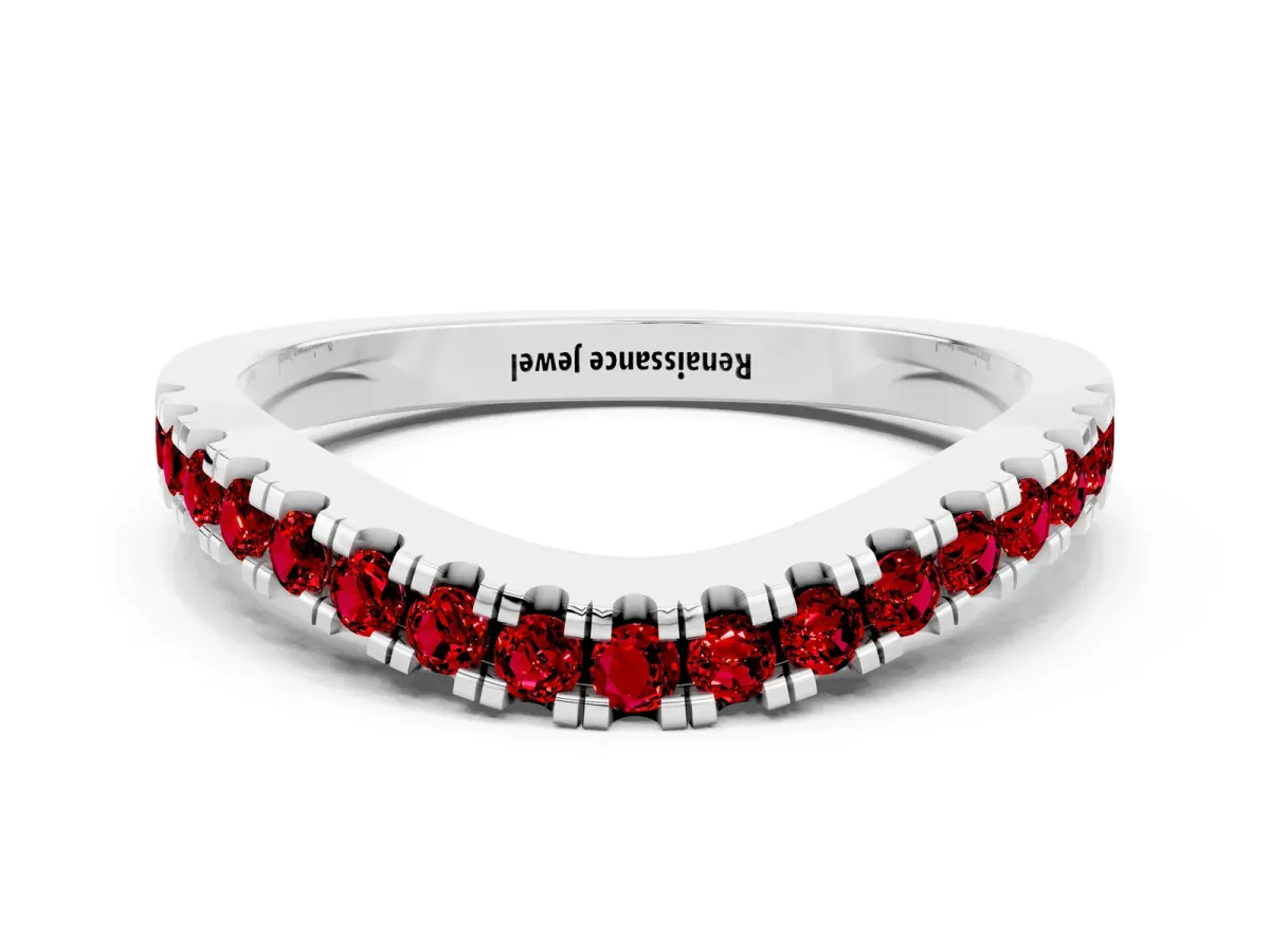 Round Ruby Pavé Curved Band with Shared Prong Setting Platinum