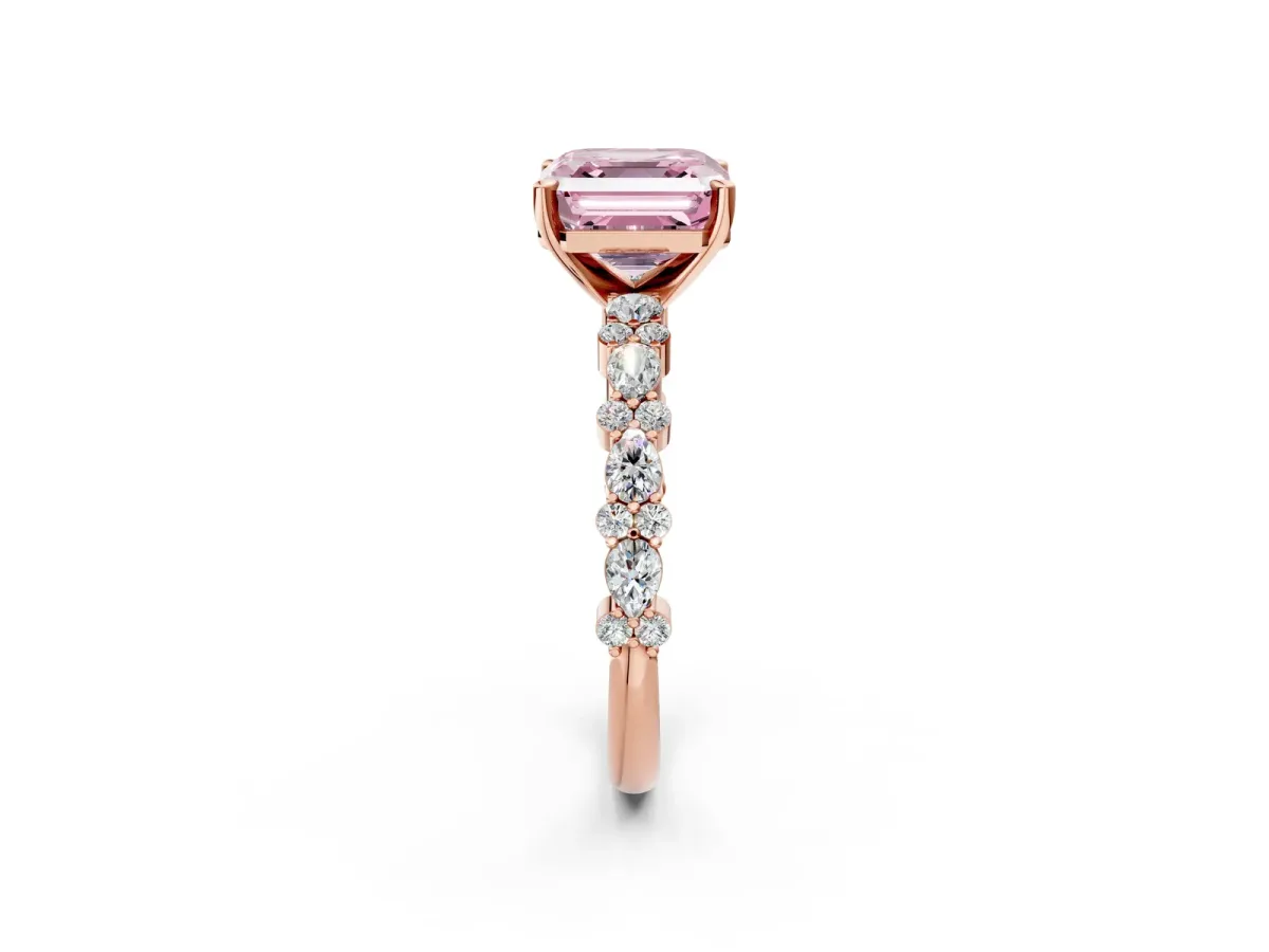 Fancy Pink Asscher Cut Diamond Side Stone Solitaire Ring with Round and Four-Prong Setting Rose gold