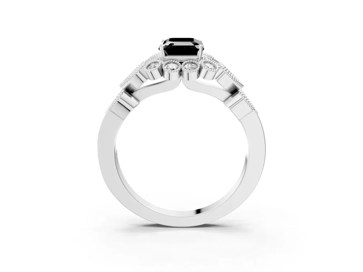 Fancy Black Emerald Cut Brilliant Milgrain Pave Heart Band Solitaire Ring Platinum