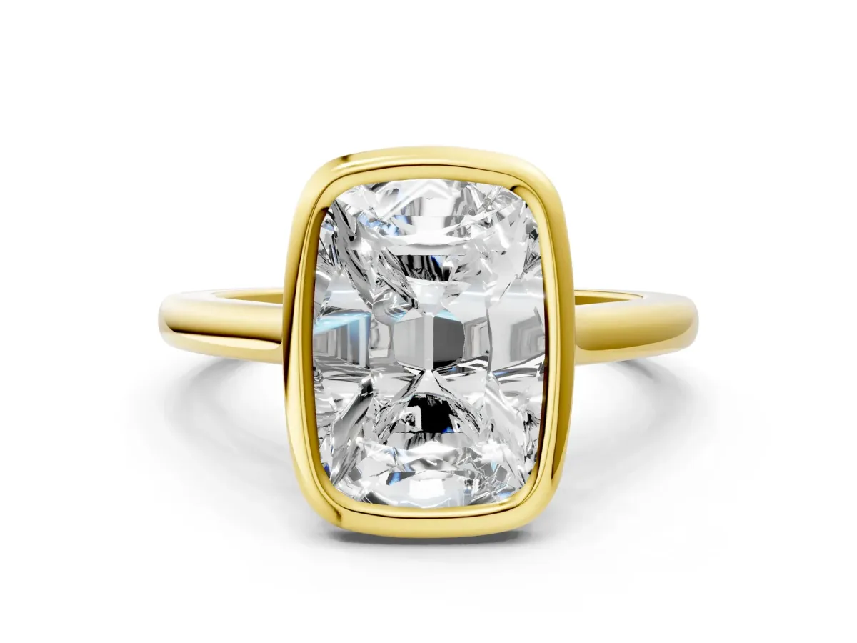 Old Mine Elongated Cushion Diamond Bezel Set Ring Yellow gold
