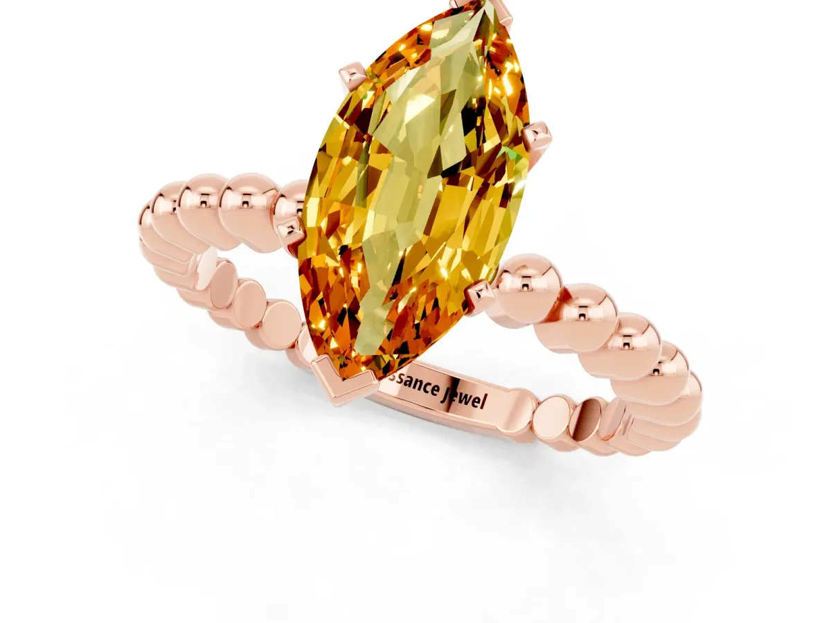 Marquise Cut Citrine Solitaire Ring with Beaded Band and Prong Setting Rose gold