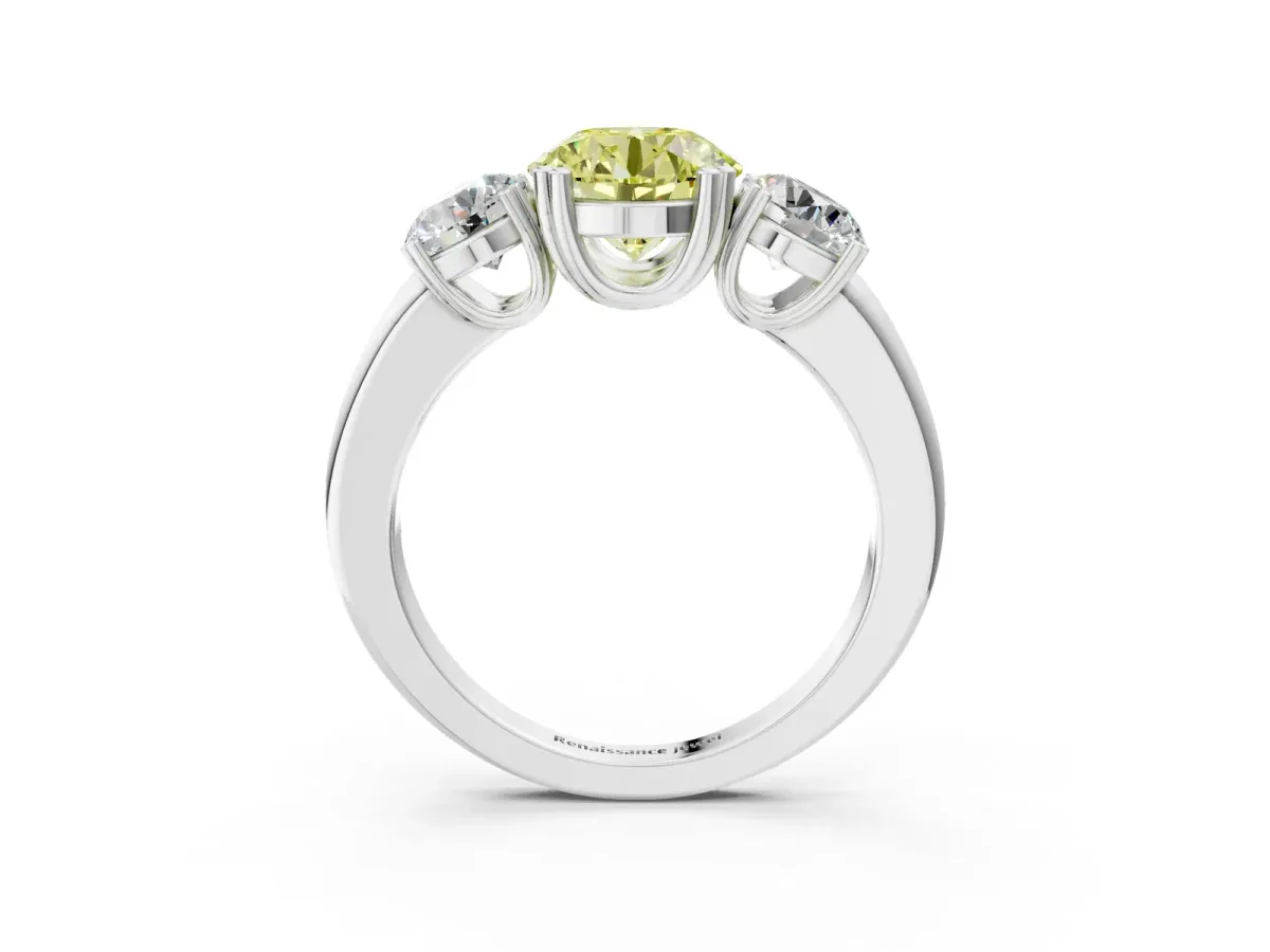 Fancy Yellow Three-Stone Round Cut Cut Diamond Ring with Channel Set Band and Four-Prong Setting Silver