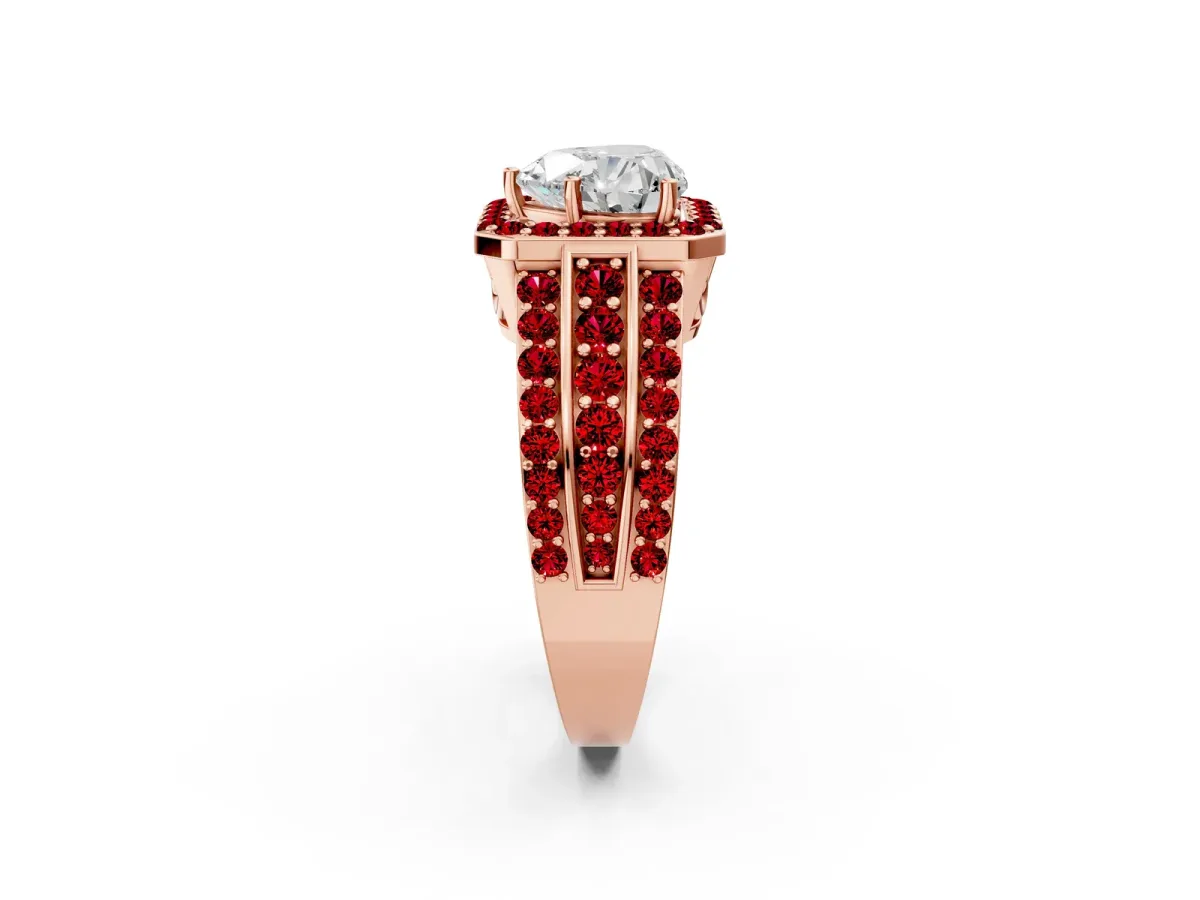 Heart Cut Halo Diamond Ring with Round Ruby Split Shank and Prong Setting Rose gold