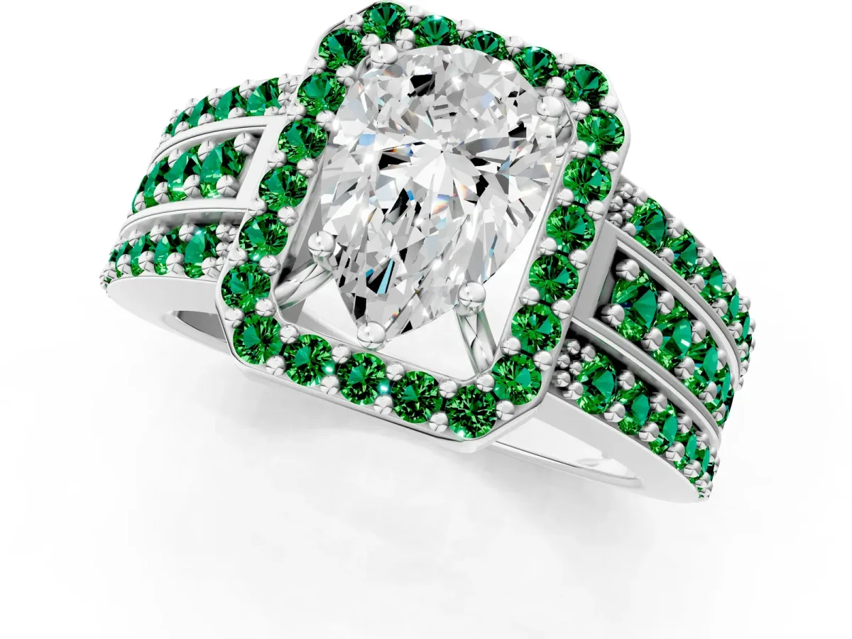 Pear Cut Halo Diamond Ring with Round Emerald Split Shank and Prong Setting Silver