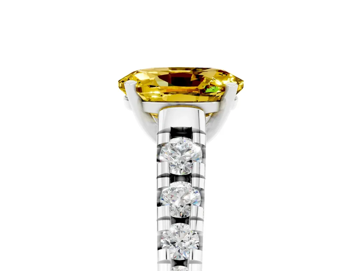 Oval Cut Yellow Sapphire Cathedral Solitaire Ring with Round Pavé Band Silver