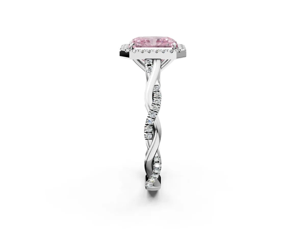 Fancy Pink Radiant Cut Halo Twist Band Solitaire Ring Platinum