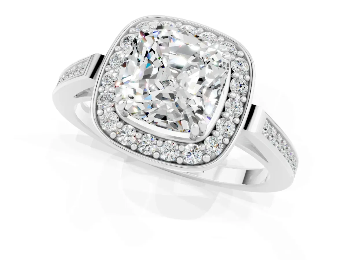 Cushion Cut Moissanite Halo Ring with Split Shank and Four-Prong Setting White gold