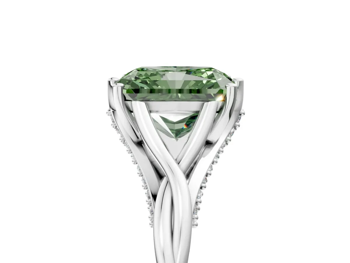 Fancy Green Radiant Cut Solitaire Twist Band Six-Prong Setting Platinum
