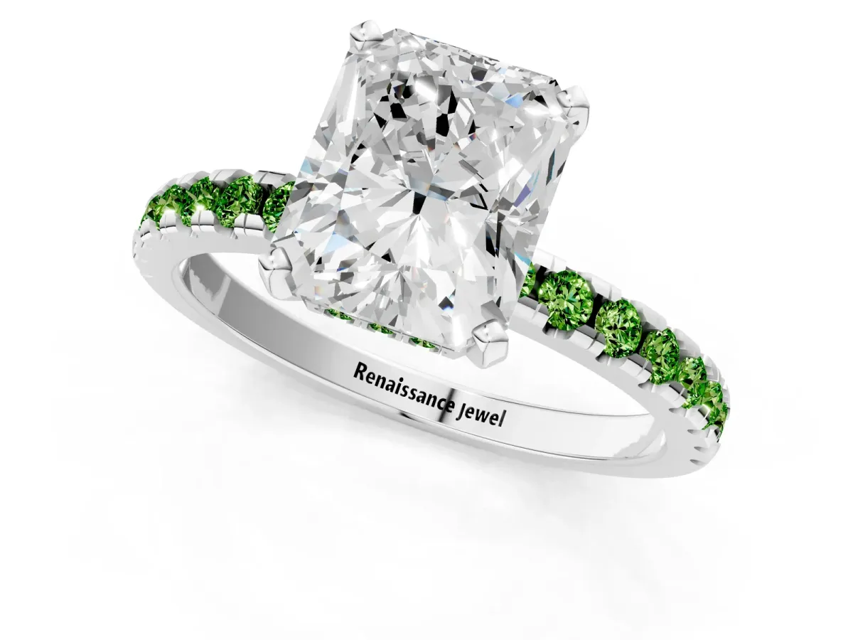 Radiant Cut Diamond Solitaire Ring with Round Peridot Pavé Band and Four-Prong Setting Silver