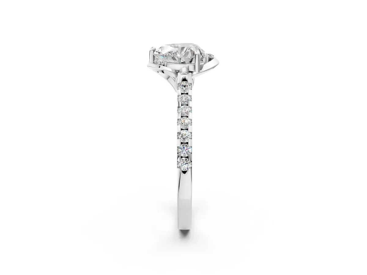 Heart Cut Diamond Ring with Pavé Band and Floral Prong Setting Silver