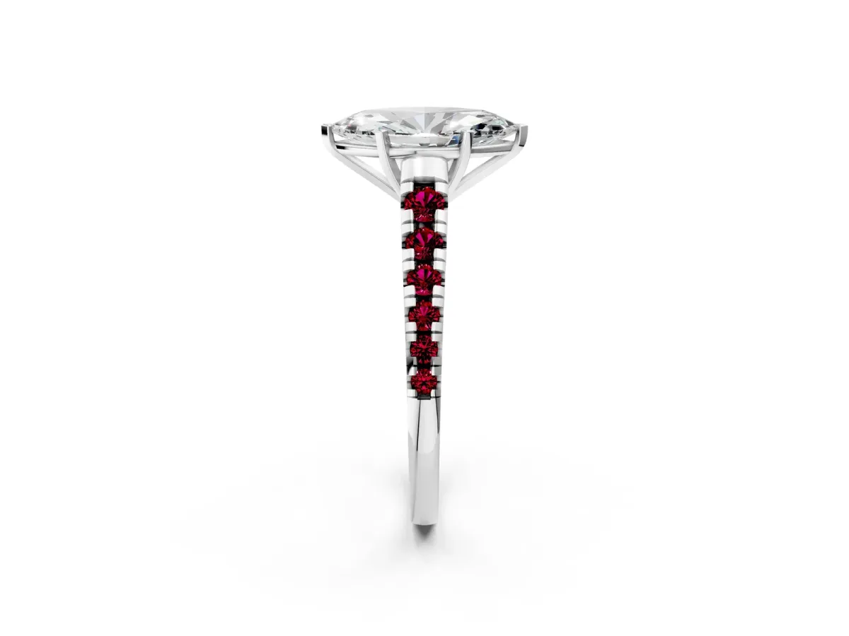 Marquise Cut Diamond Cathedral Solitaire Ring with Round Garnet Pavé Band Silver