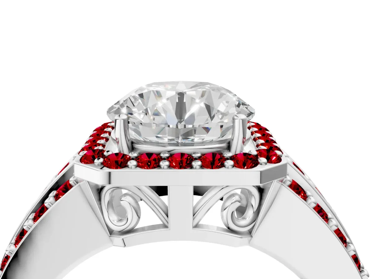 Round Cut Halo Diamond Ring with Round Ruby Split Shank and Prong Setting Silver