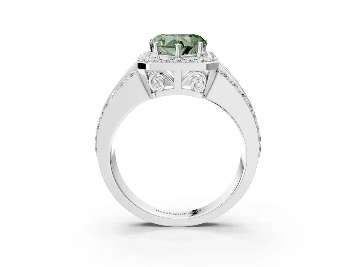 Fancy Green Heart Cut Halo Diamond Ring with Round Split Shank and Prong Setting Platinum