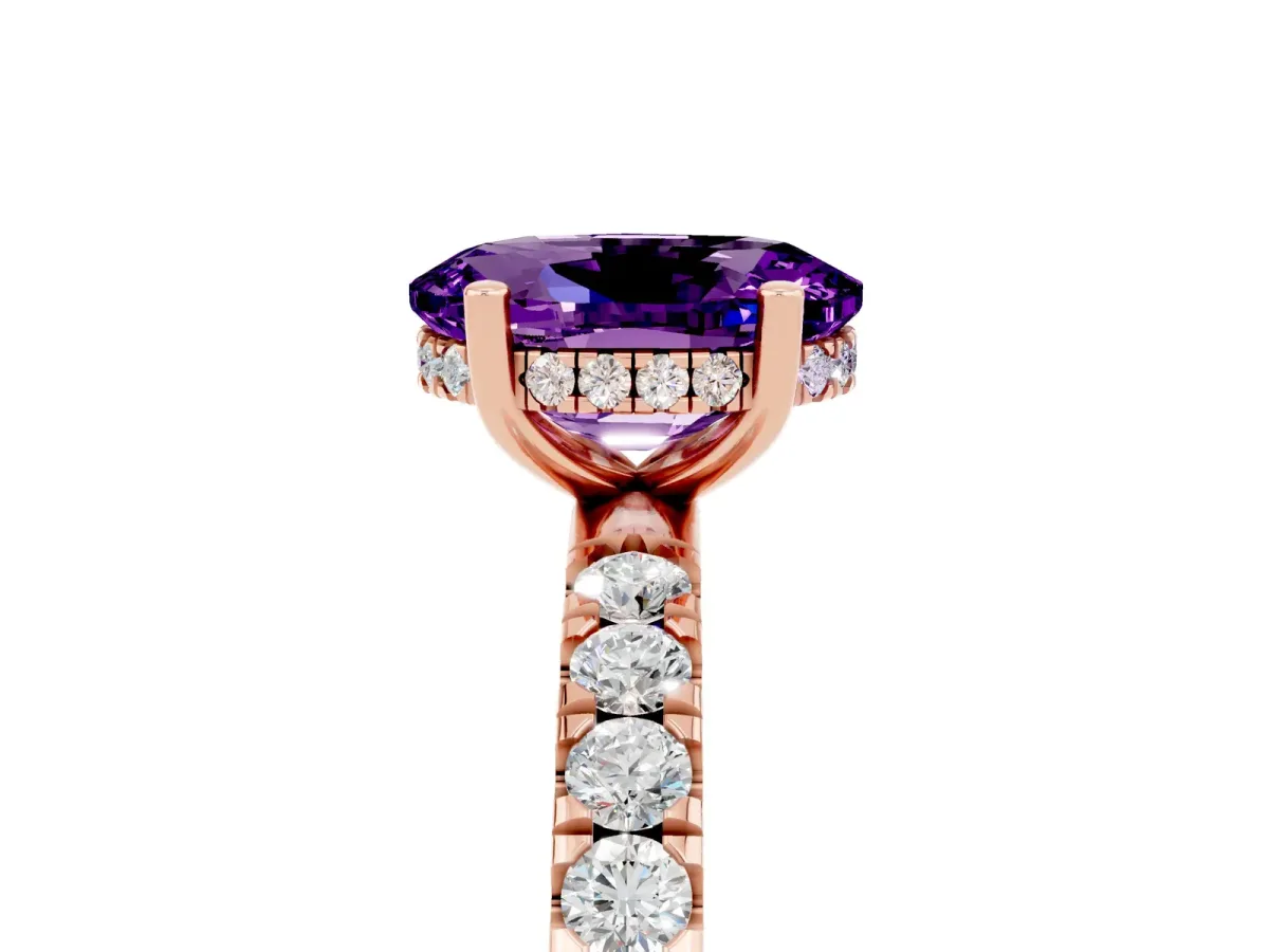 Oval Cut Amethyst Pave Band Solitaire Ring with Round and Prong Setting Rose gold
