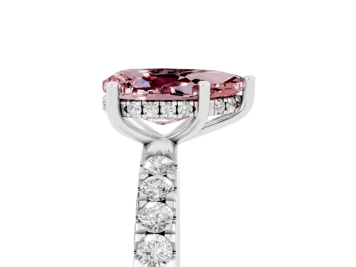 Pear Cut Morganite Pave Band Solitaire Ring with Round and Prong Setting Platinum