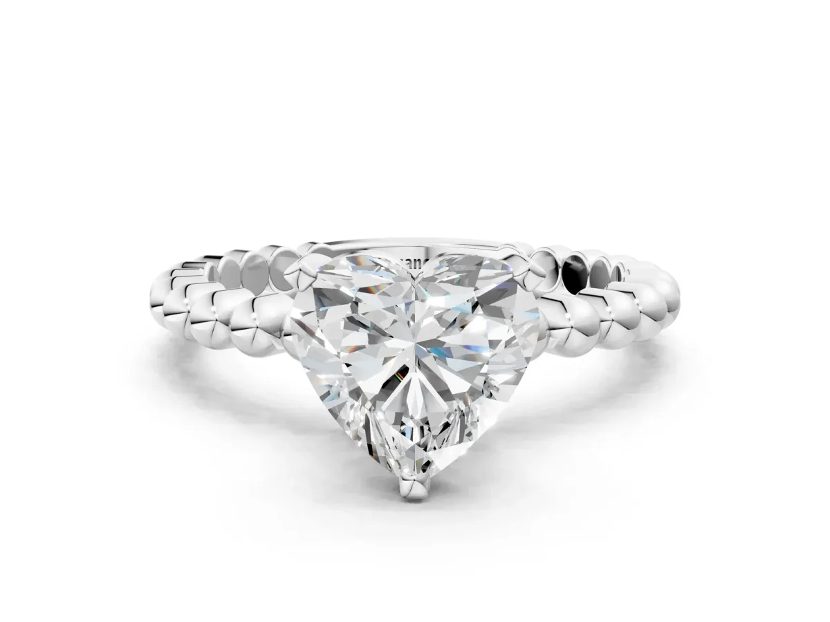 Heart Cut Diamond Solitaire Ring with Beaded Band and Prong Setting White gold