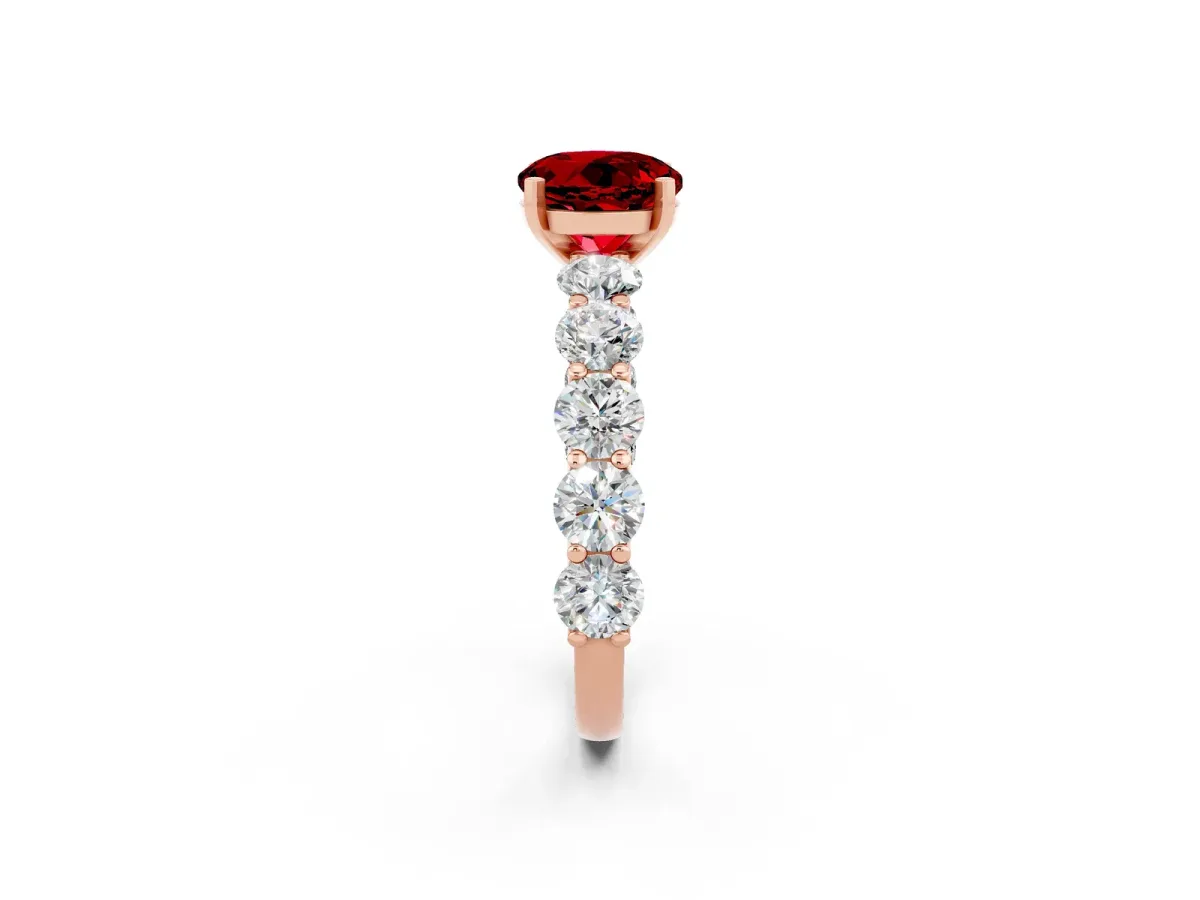 Round Cut Ruby Prong Setting with Side Stones on a Pave Band Rose gold
