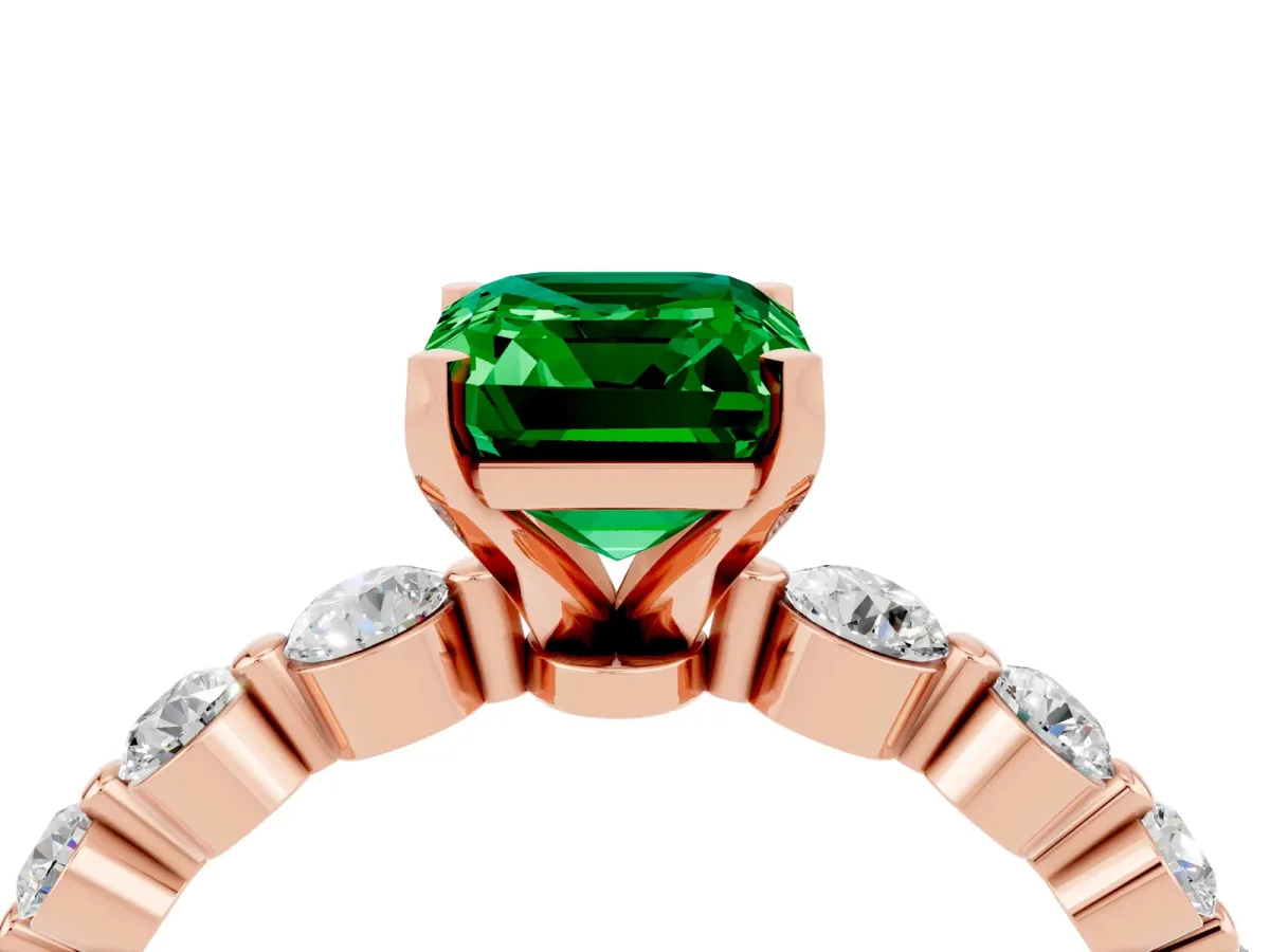 Emerald Cut Solitaire Emerald Ring with Pave Band and Four-Prong Setting Rose gold