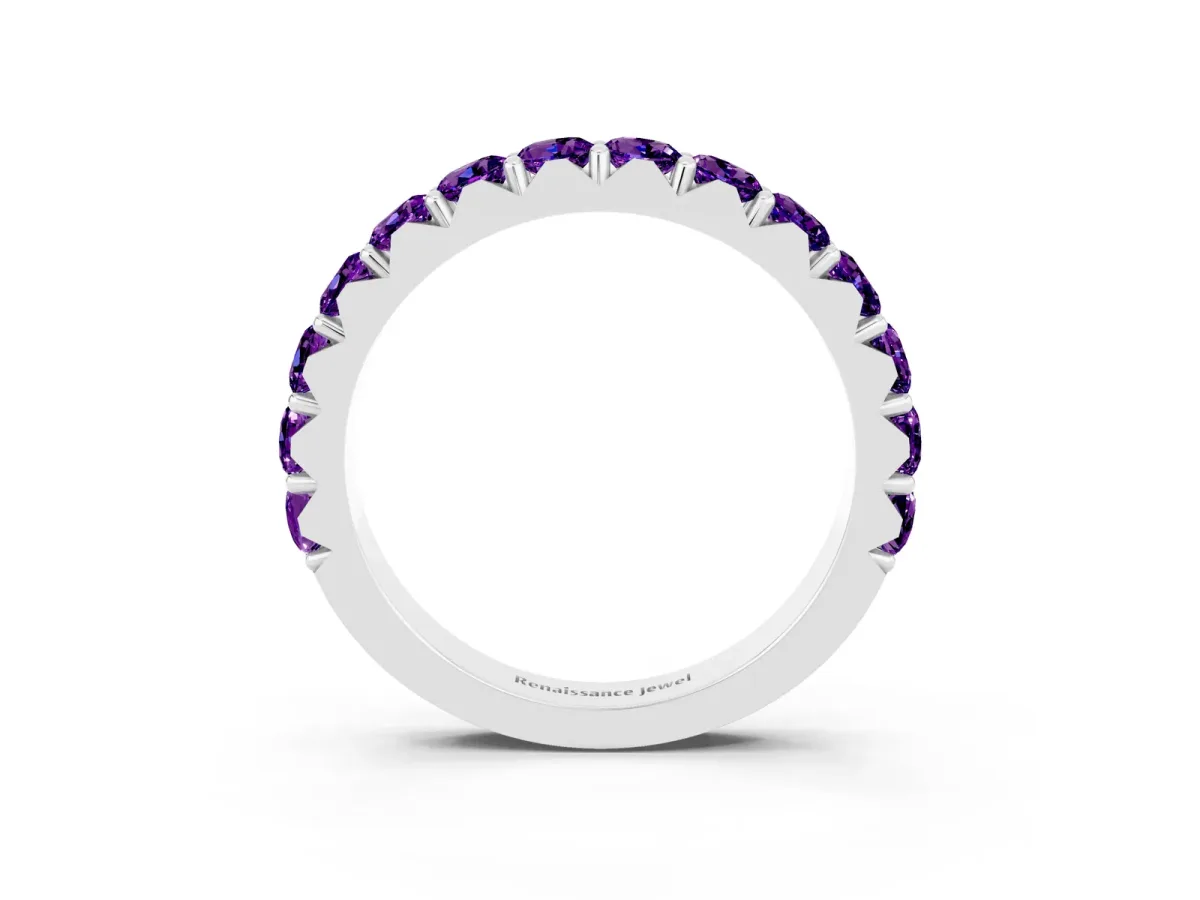 Round Amethyst Half Eternity Band with Classic Prong Setting White gold