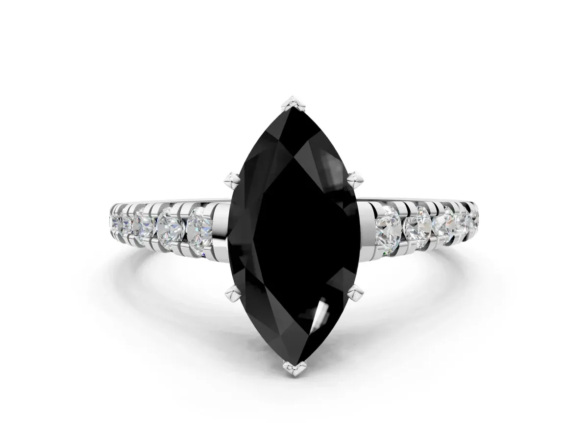 Fancy Black Marquise Cut Diamond Cathedral Solitaire Ring with Round Pavé Band Silver