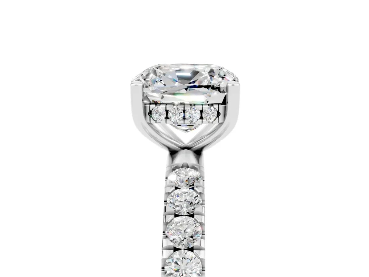Cushion Cut Moissanite Pave Band Solitaire Ring with Round and Prong Setting Platinum