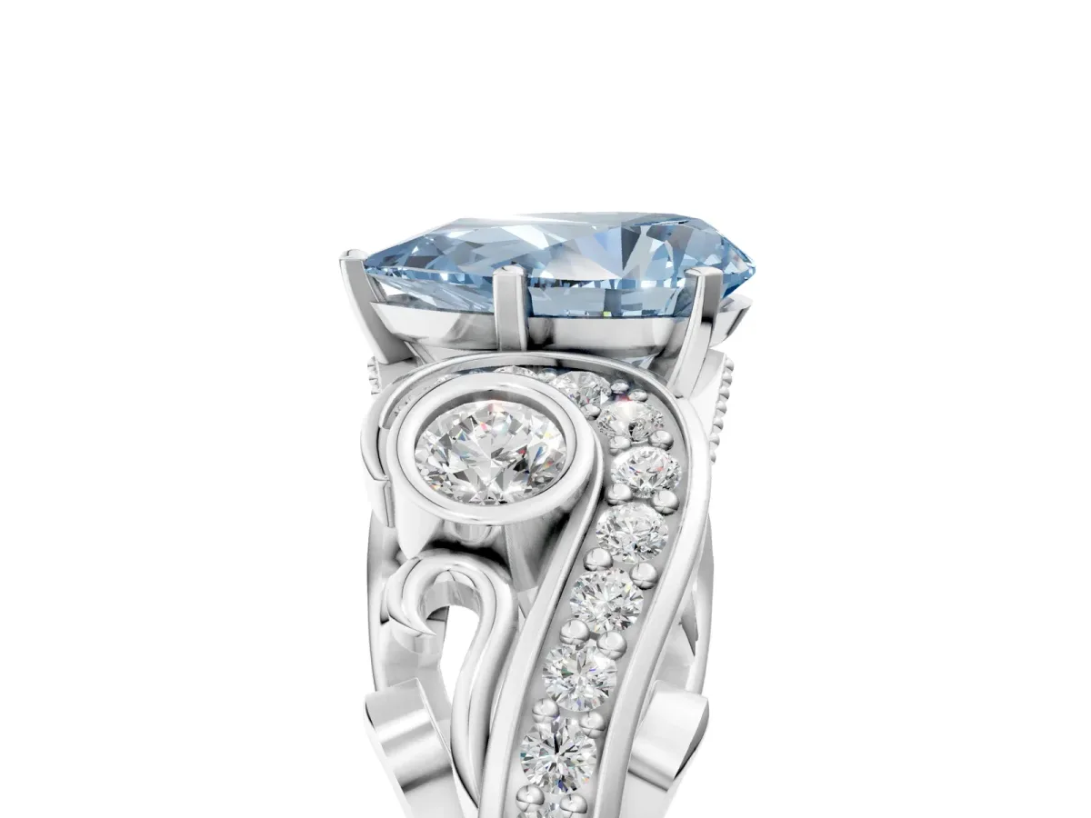 Fancy Blue Pear Cut Diamond Solitaire Ring with Milgrain Pavé Band and Four-Prong Setting Silver