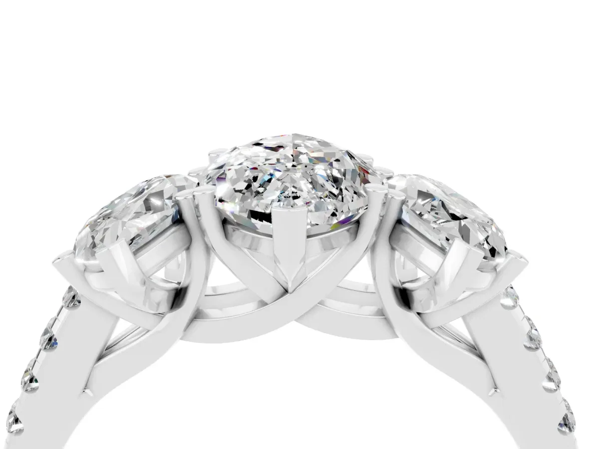 Three-Stone Marquise Cut Moissanite Ring with Round Pavé Band and Prong Setting Silver