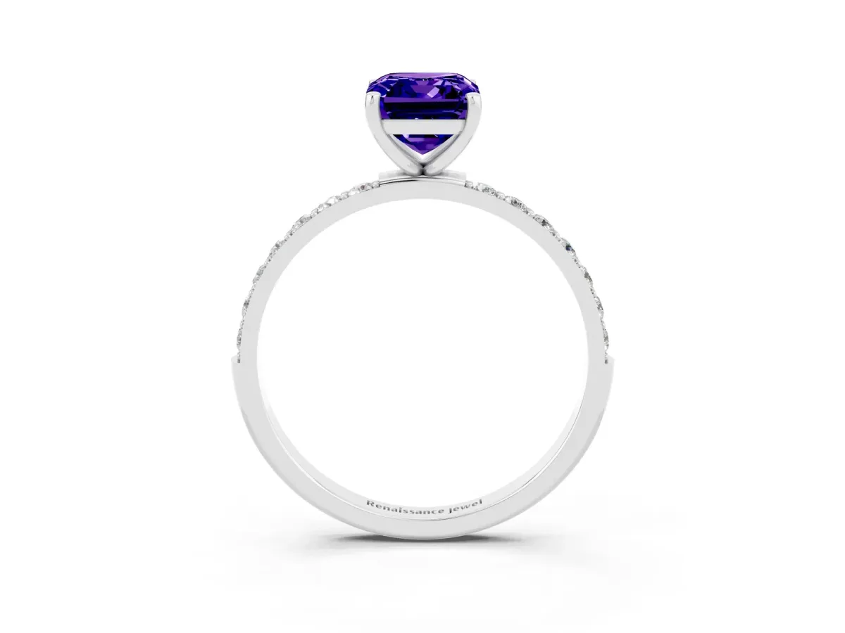 Emerald Cut Tanzanite Solitaire Ring with Round Pavé Band and Prong Setting Silver