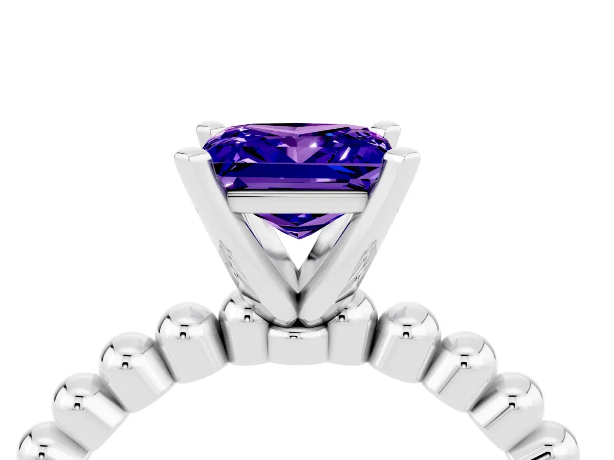 Princess Cut Tanzanite Solitaire Ring with Beaded Band and Prong Setting Silver