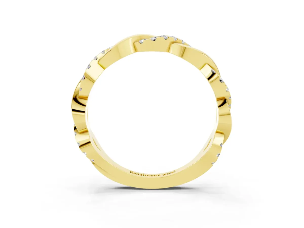 Pavé Round Moissanite Twist Eternity Band with Shared Prong Setting Yellow gold