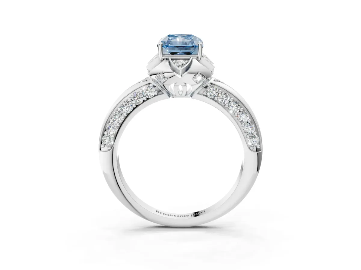 Fancy Blue Radiant Cut Halo Split Shank Pave Diamond Ring with Petal Prong Setting Platinum
