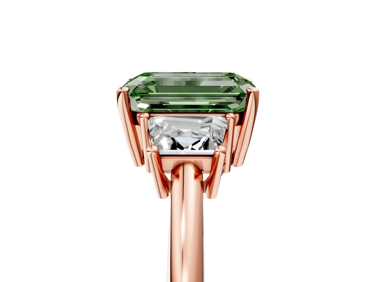 Fancy Green Emerald Cut Diamond Three-Stone Ring with Trapezoid Side Stones and Prong Setting Rose gold