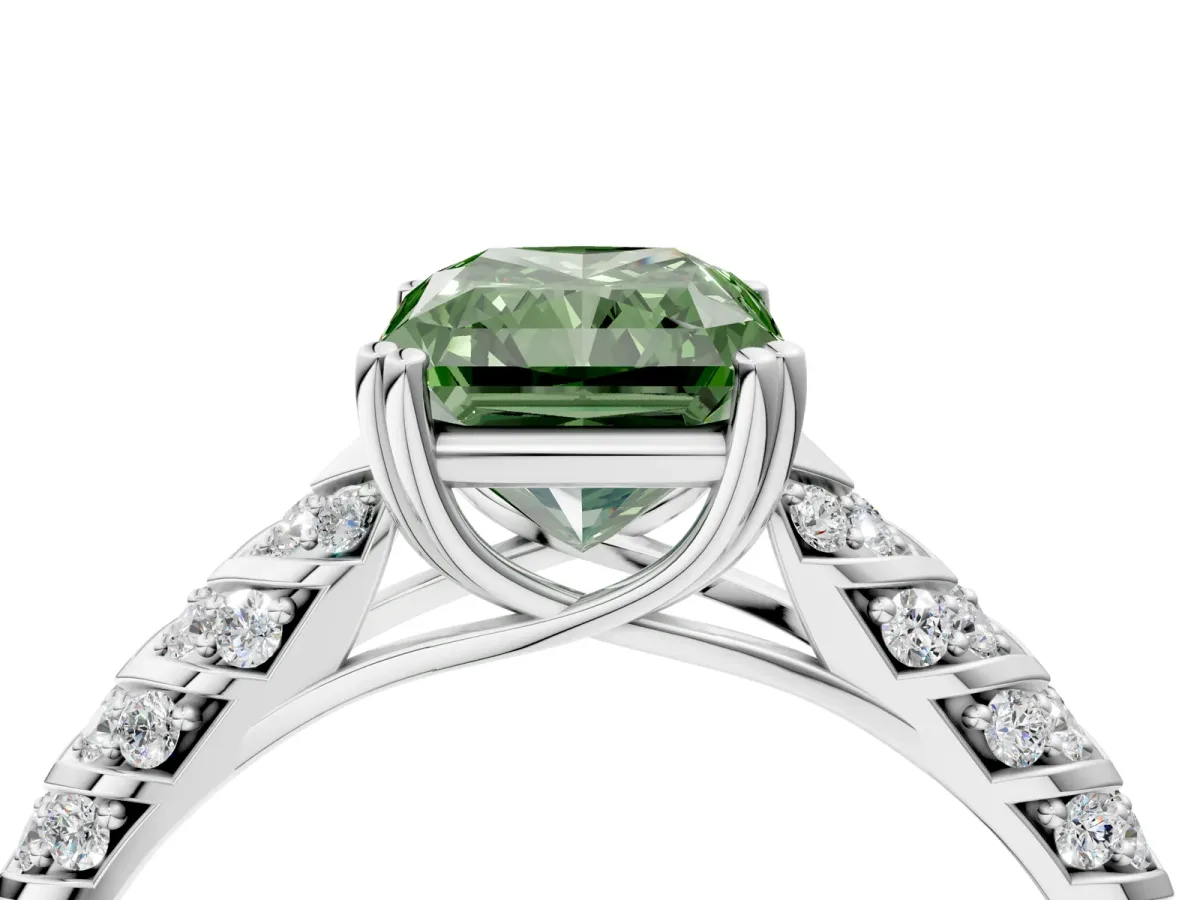 Fancy Green Radiant Cut Solitaire Chevron Pave Diamond Engagement Ring with Six-Prong Setting Platinum