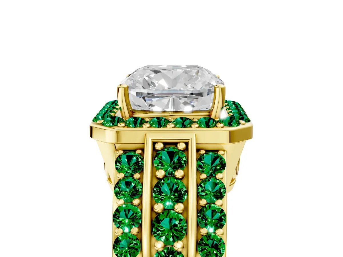 Cushion Cut Halo Diamond Ring with Round Emerald Split Shank and Prong Setting Yellow gold
