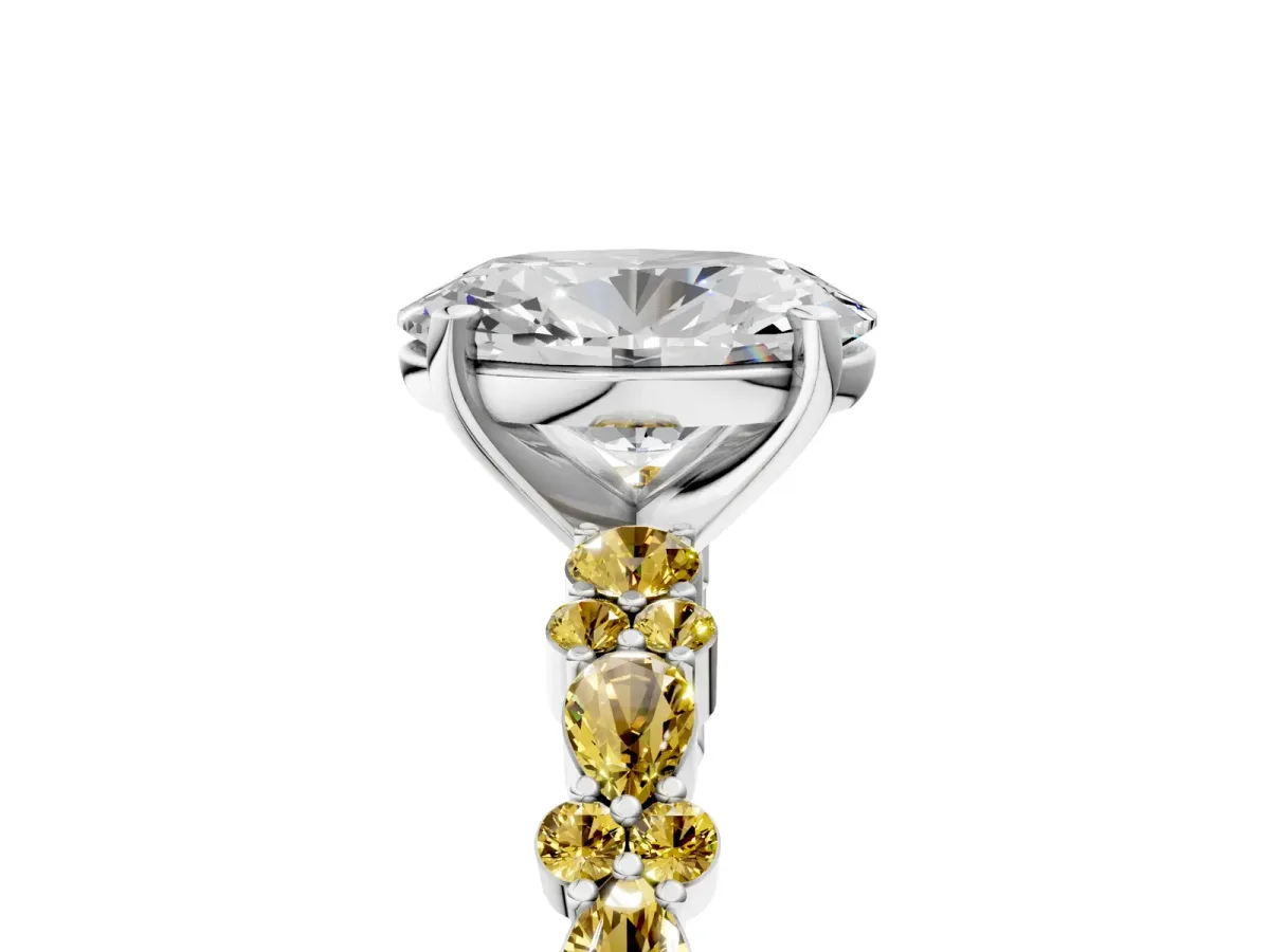 Oval Cut Diamond Side Stone Solitaire Ring with Round Yellow Sapphire and Four-Prong Setting Silver