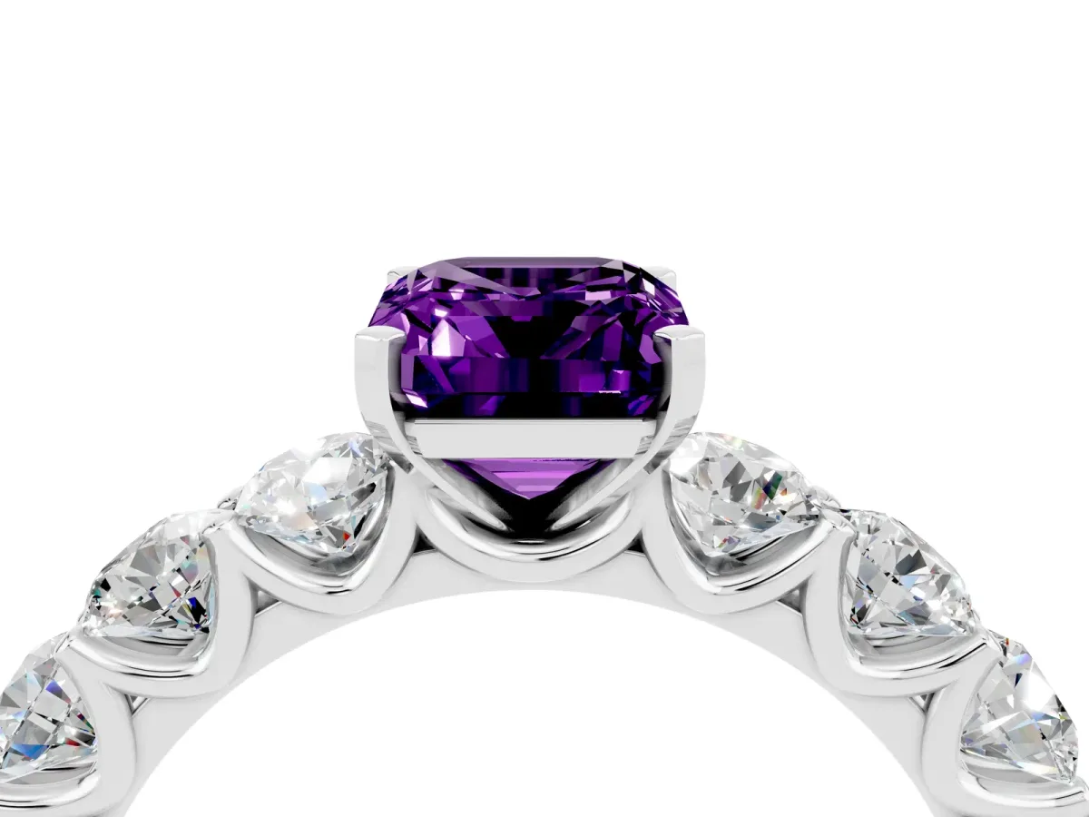 Emerald Cut Amethyst Prong Setting with Side Stones on a Pave Band Platinum