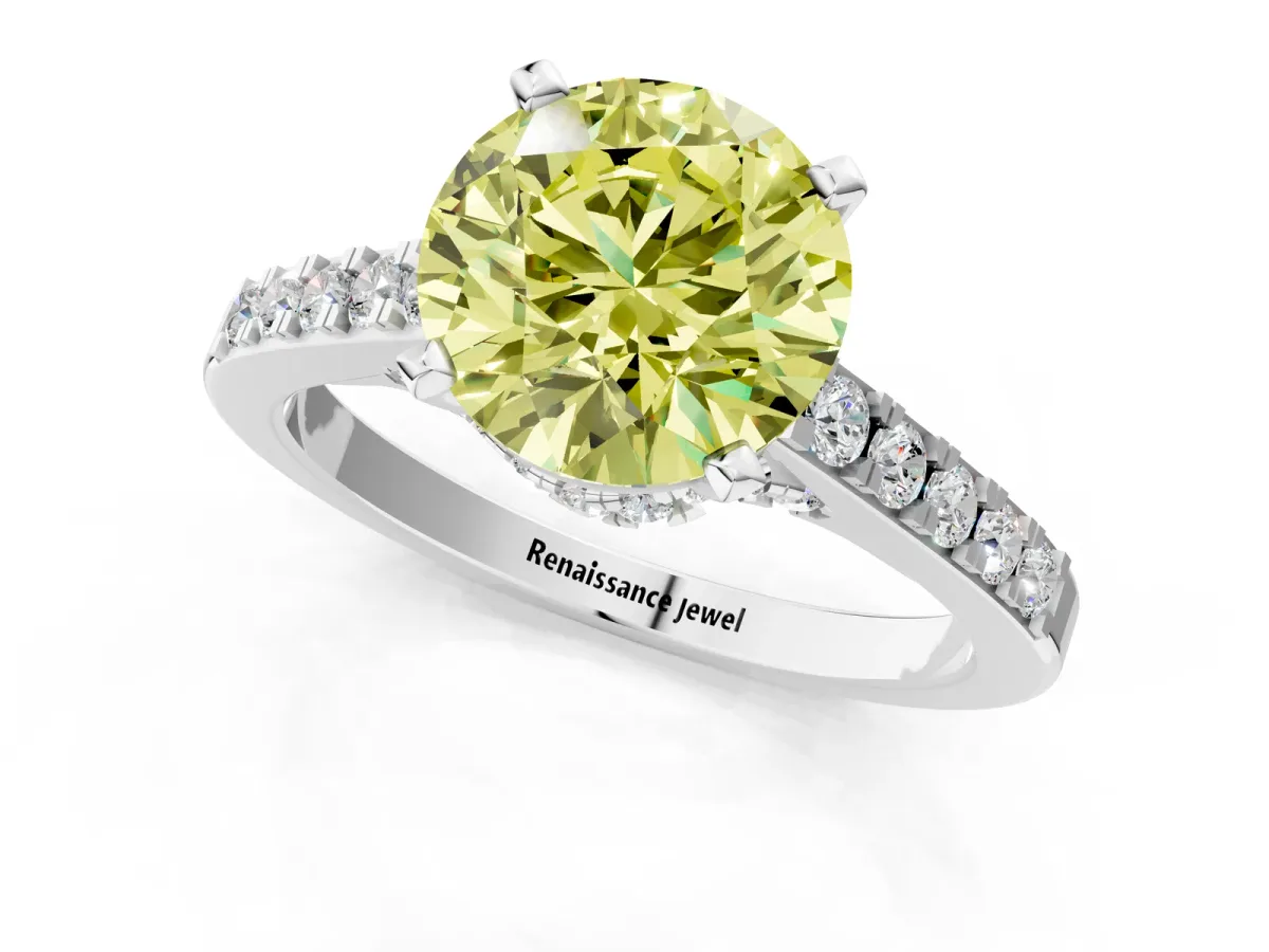Fancy Yellow Round Cut Diamond Solitaire Ring with Crossover Gallery and Round Pavé Band Silver