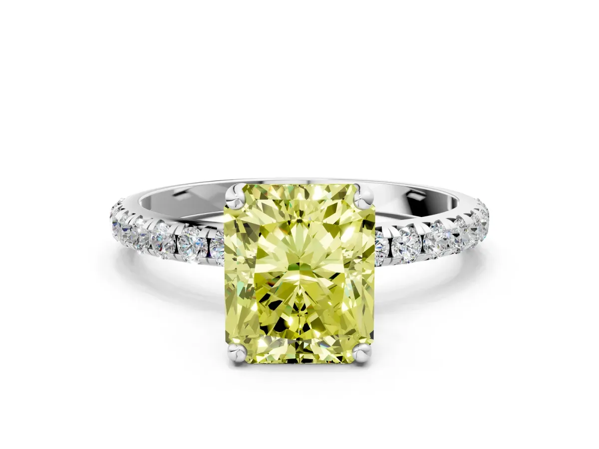 Fancy Yellow Radiant Cut Cut Diamond Solitaire Ring with Micro Pave Band and Four Prong Setting Platinum