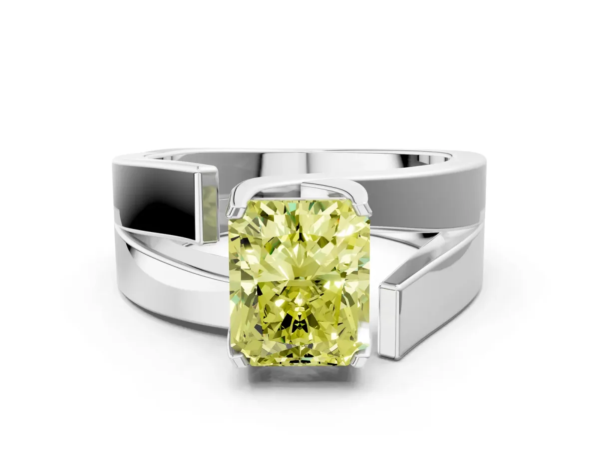 Fancy Yellow Modern Tension Set Radiant Cut Diamond Solitaire Wide Band Ring Silver