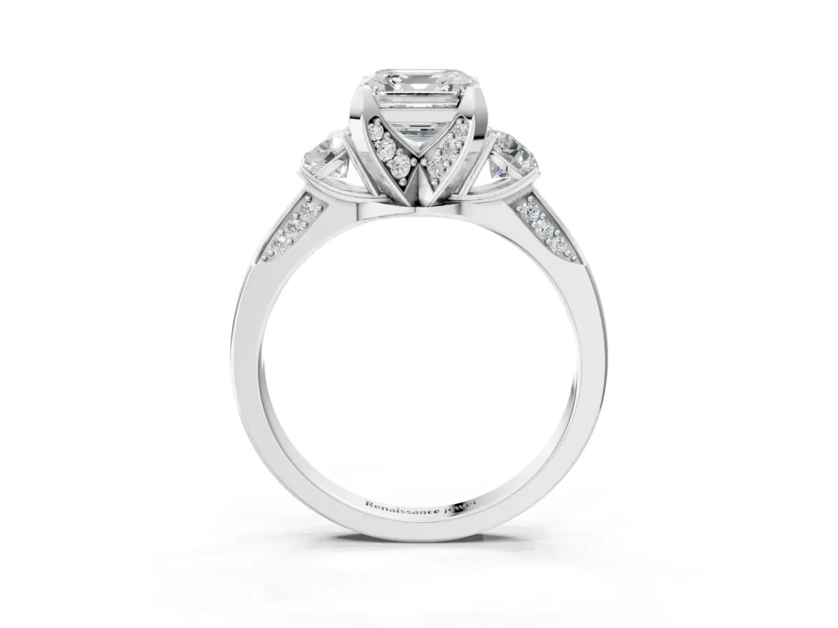 Asscher Cut Brilliant Three-Stone Diamond Ring with Pavé Band and Four-Prong Setting Platinum